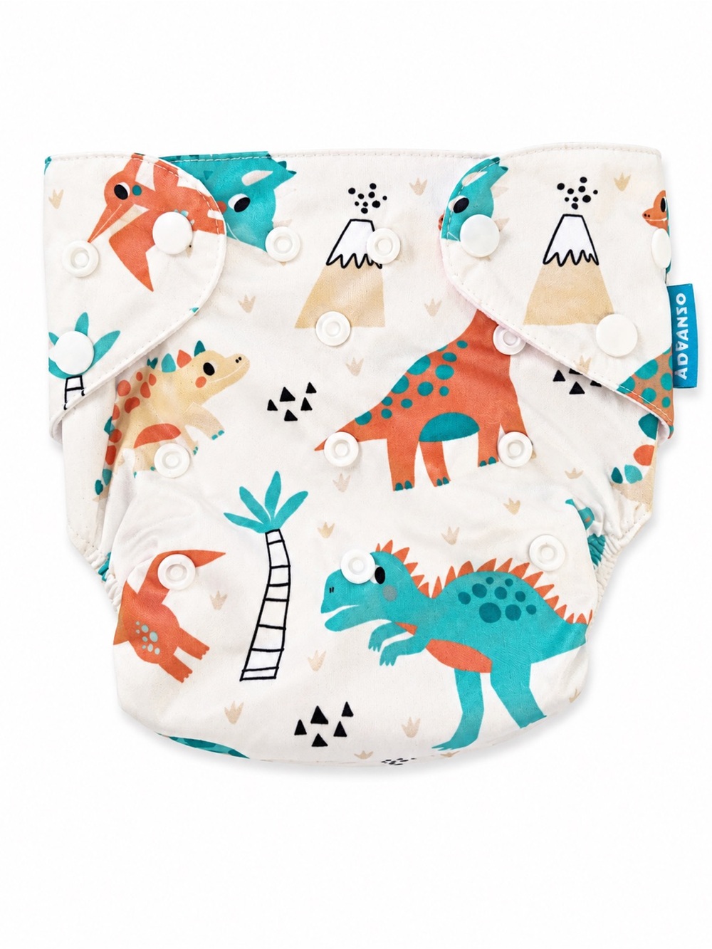 Advanso Dino Print Reusable Diaper Cover - White with Teal & Orange Dinosaurs